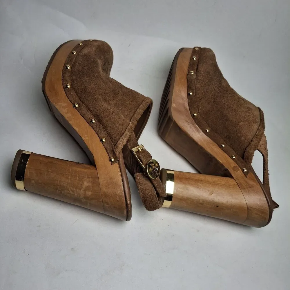 Tory Burch Brayden Slingback Clog 8M Brown Gold Wood Heel Studded Summer Party